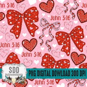Puede incluir: Un patrón digital rosa con lazos, corazones y cintas rojas. Los lazos y corazones están decorados con corazones blancos. El texto "John 3:16" se repite en todo el diseño. La imagen también incluye el texto "PNG DIGITAL DOWNLOAD 300 DPI".