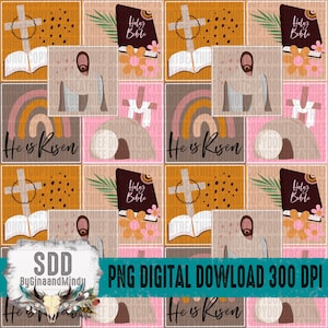 May include: A digital seamless pattern featuring a repeating design of a cross, a bible, a rainbow, a tomb, and the text "He is Risen". The pattern is in shades of brown, pink, yellow, and white.