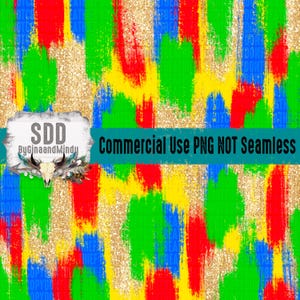 May include: Abstract digital paper with a colourful, brushstroke pattern in red, yellow, blue, and green. The background is a gold glitter texture. The text "Commercial Use PNG NOT Seamless" is displayed across the bottom of the image.