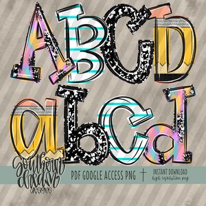 May include: A digital alphabet graphic featuring uppercase and lowercase letters A, B, C, and D. The letters display various patterns including colorful watercolor, teal horizontal stripes, black and white speckled textures, and yellow pencil designs.