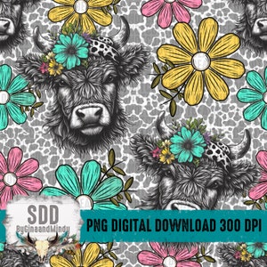 Highland Cow Seamless Bundle PNG | Fabric, Print, Cow, Spring, Flower, Pattern | Download | Instant Downloadable | Sublimation | DIGITAL