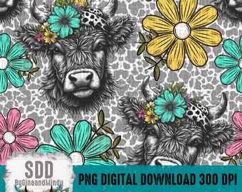 Highland Cow Seamless Bundle PNG | Fabric, Print, Cow, Spring, Flower, Pattern | Download | Instant Downloadable | Sublimation | DIGITAL