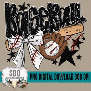 K&ouml;nnte beinhalten: Baseball-Grafik mit dem Wort "BASEBALL" in gro&szlig;en, schwarzen Buchstaben. Das Bild enth&auml;lt einen Baseballschl&auml;ger, einen Handschuh und einen Ball, eine wei&szlig;e Schleife mit roten N&auml;hten und schwarze Sterne. Der Text "PNG DIGITAL DOWNLOAD 300 DPI" ist ebenfalls vorhanden.