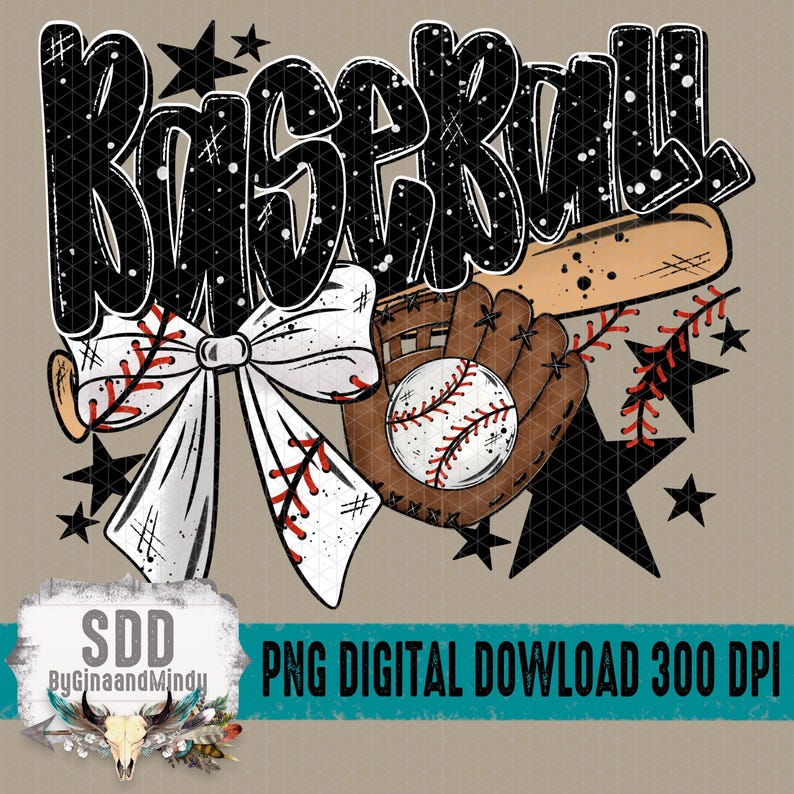 K&ouml;nnte beinhalten: Baseball-Grafik mit dem Wort "BASEBALL" in gro&szlig;en, schwarzen Buchstaben. Das Bild enth&auml;lt einen Baseballschl&auml;ger, einen Handschuh und einen Ball, eine wei&szlig;e Schleife mit roten N&auml;hten und schwarze Sterne. Der Text "PNG DIGITAL DOWNLOAD 300 DPI" ist ebenfalls vorhanden.