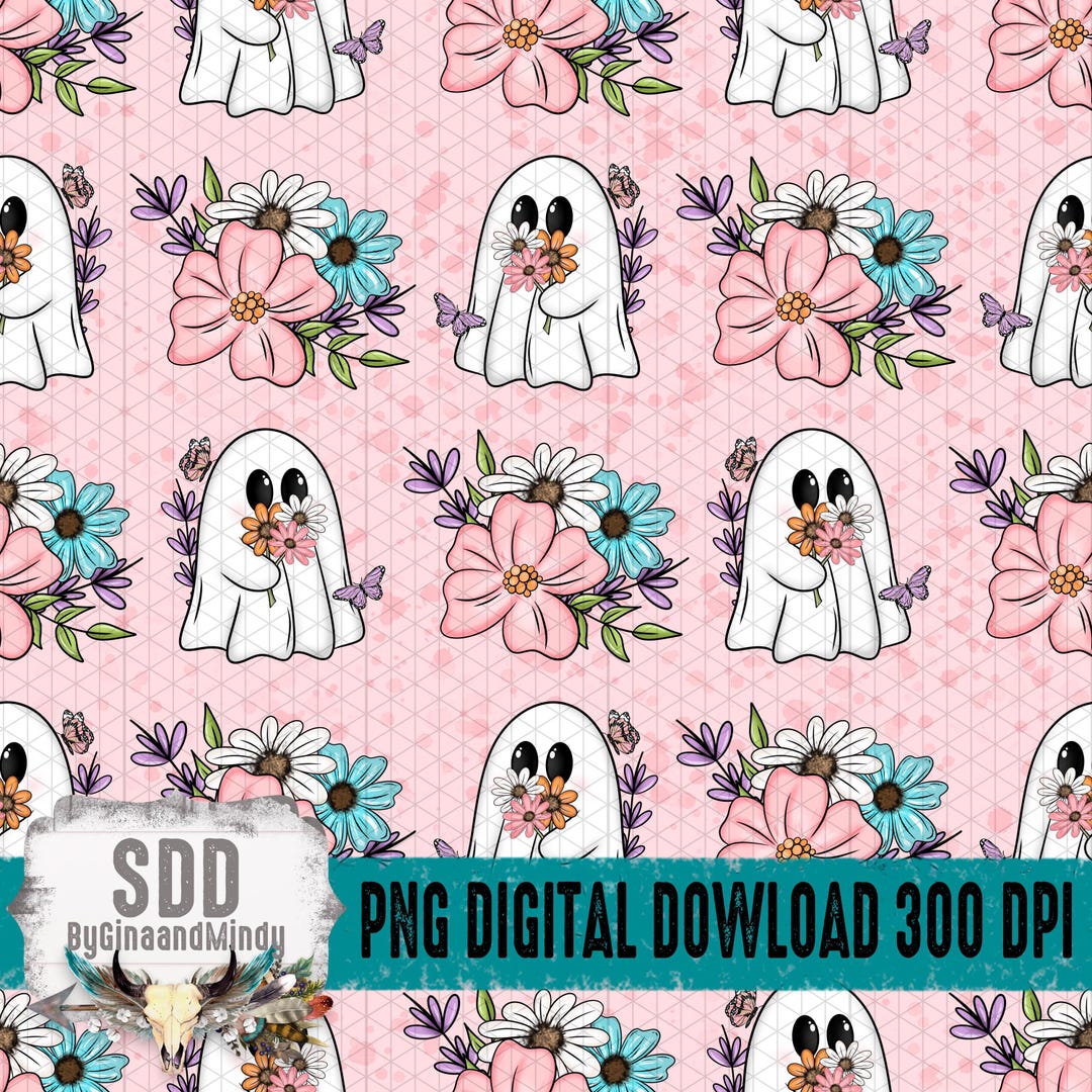 Floral Ghost Seamless Pattern PNG, Pink Spring Halloween Digital Paper ...