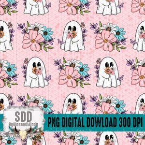 Peut inclure: Motif répété de fantômes blancs tenant des bouquets de fleurs, entourés de fleurs roses, bleues et blanches, et de papillons. Le fond est un motif géométrique rose clair. Le texte sur l'image indique "PNG DIGITAL DOWNLOAD 300 DPI".