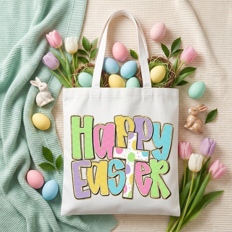 May include: A white tote bag with the words "Happy Easter" in colorful, outlined letters. The bag is surrounded by pastel-colored Easter eggs, nests, tulips, and ceramic bunnies, creating a festive spring scene.
