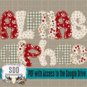 May include: Decorative letters spelling "ALPHAS" in various patterns, including red floral, green plaid, and white polka dots. The image also includes the text "PDF with Access to the Google Drive" and "ByGinaandMindy".