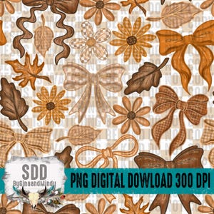 May include: A digital pattern featuring autumn-themed elements. The design includes brown bows, leaves, and flowers in shades of brown and tan, set against a checkered background. The text "PNG DIGITAL DOWNLOAD 300 DPI" is visible.
