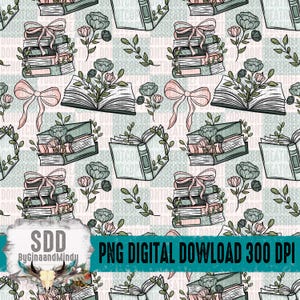 Puede incluir: Un patrón sin costuras que presenta pilas de libros, libros abiertos y ramitas florales en tonos de verde, rosa y blanco sobre un fondo rosa claro. El texto "SDD ByGinaandMindy PNG DIGITAL DOWNLOAD 300 DPI" está en la parte inferior de la imagen.