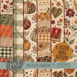 May include: A collection of six digital paper patterns featuring quilted textures, embroidered floral motifs, pumpkins, hearts, and a small book with a cross. The image includes the text 6 DIGITAL PAPER PATTERNS and PNG DIGITAL DOWNLOAD.