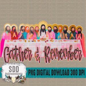 Pode incluir: Uma ilustração digital de um grupo de pessoas reunidas em torno de uma mesa, com o texto "Gather & Remember" em uma fonte rosa e dourada. As pessoas são representadas de forma colorida e estilizada, com uma variedade de roupas e penteados. A imagem é colocada sobre um fundo de textura marrom claro.