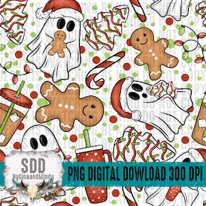 May include: A festive digital pattern featuring Christmas-themed elements. The design includes gingerbread men, ghosts wearing Santa hats, candy canes, and Christmas tree cookies, all set against a white background with red and green polka dots.