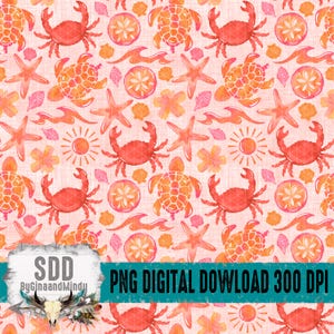 Può includere: Un motivo ripetuto con granchi, tartarughe, stelle marine, conchiglie e soli nei toni dell'arancione, corallo e rosa. Il design include il testo "PNG DIGITAL DOWNLOAD 300 DPI".