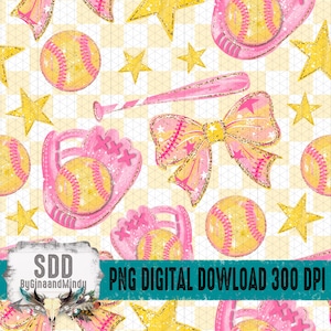 May include: A digital pattern featuring pink softballs, gloves, and a bat, accented with gold stars and a bow, set against a yellow and white checkered background. The design includes the text "PNG DIGITAL DOWNLOAD 300 DPI".