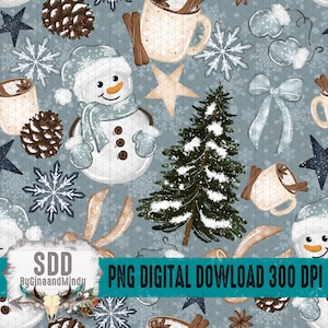 Può includere: Motivo digitale con pupazzo di neve, fiocchi di neve, pigne, tazze con bastoncini di cannella e un albero di Natale. Il design include uno sfondo azzurro con il testo "PNG DIGITAL DOWNLOAD 300 DPI".