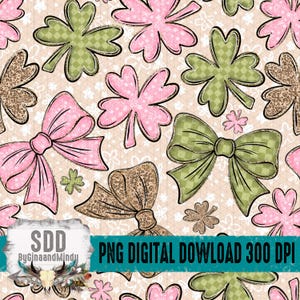 May include: A digital pattern with bows, clovers, and small floral accents in pink, green, and brown. The design has a light beige background with a grid pattern. The text "PNG DIGITAL DOWNLOAD 300 DPI" is visible.