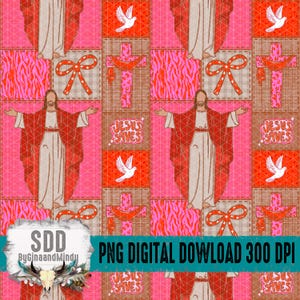 Op de afbeelding: Een digitaal patroon met Jezus, kruisen, duiven en de tekst "JESUS SAVES" op een roze en bruine patchwork achtergrond. De afbeelding bevat ook de tekst "PNG DIGITAL DOWNLOAD 300 DPI".