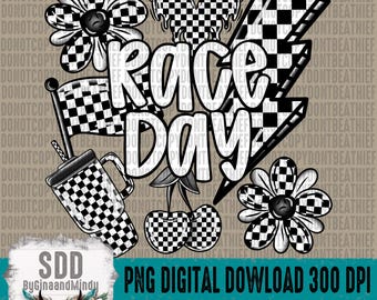 May include: Black and white checkered design with a race day theme. The design includes a checkered flag, a lightning bolt, cherries, flowers, and a tumbler. The text "Race Day" is in white.