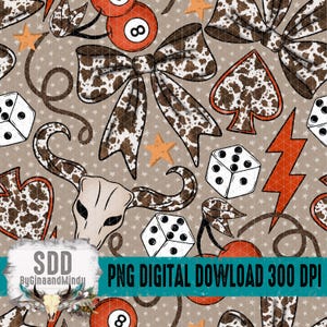 May include: A digital PNG design featuring a repeating pattern of cowboy-themed elements. The design includes a steer skull, dice, playing card suits, bow ties, and billiard balls. The color palette consists of brown, white, orange, and tan, with a star-studded background.