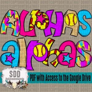Peut inclure: Une conception graphique colorée avec le mot "ALPHAS" en grandes lettres stylisées. Les lettres sont de différentes couleurs, dont le rose, le bleu et l'or, avec des accents de baseball et d'étoiles. Le design comprend le texte "PDF with Access to the Google Drive".
