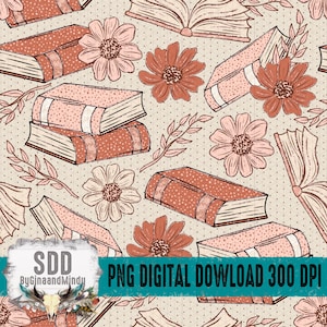May include: A repeating pattern of books, flowers, and foliage in peach, coral, and cream hues. The books have a dotted texture and white stripes. The flowers are stylized with detailed petals. The background is cream with small dots.