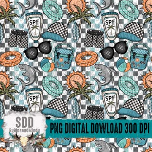 May include: A seamless pattern featuring a variety of summer-themed elements, including palm trees, surfboards, sunglasses, beach balls, and life preservers. The pattern is set against a checkered background in black and white.