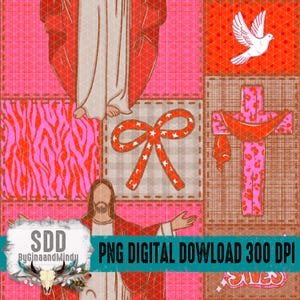 Faux Patchwork Christian Seamless PNG, Faith Digital Paper Pattern, Commercial Use, Sublimation Background, Pink Red Religious Design