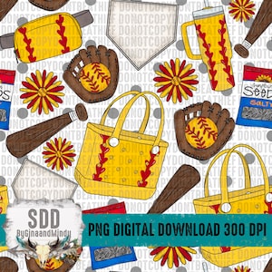 May include: A seamless pattern featuring a variety of softball-themed items, including a baseball glove, bat, sunflower, tote bag, and a cup with a straw. The background is white with gray polka dots.