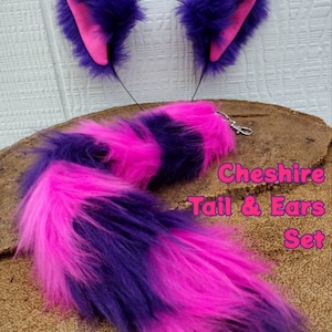 Cheshire Set w Clip-On Fun Fuzzy Faux Fur Tail and Ears Headband Set for kids & adults (multiple sizes available)