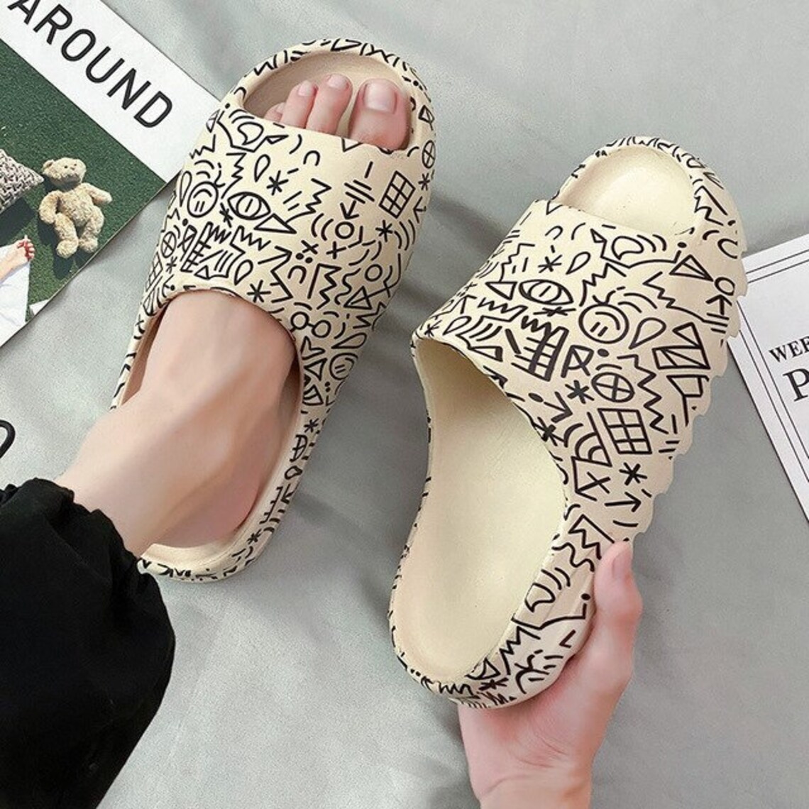 Yeezy Custom Doodle Art Slides Hand Drawing Graffiti Hypebeast Etsy