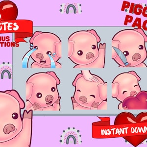 SIX EMOTE PACK | Cute Piggy Sub Emotes w/Bonus Animated Emotes, Sub Emotes for Twitch Streamers and Discord