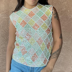 Vintage Multicolor Pastel Sequin Sleeveless Top – Diamond Pattern