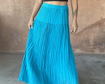 Vintage 90s Turquoise Pleated Maxi Skirt – Boho Summer Festival Skirt – High Waist Flowy Skirt – Size Large