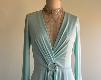 Vintage Lillie Rubin Robin’s Egg Blue Rhinestone Evening Gown | 1970s Draped Maxi Dress with Sheer High Neck