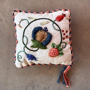 Vintage Crewelwork Beaded Embroidery Pillow, Jacobean Floral Strawberry, 1960s 70s Velvet Back Boudoir Pillow