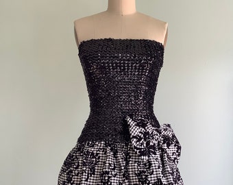 80's Prom Dress with Sequins Velvet Bows / Black + White / Strapless Dress / Vintage / Party Dress