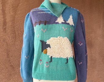Vintage 80er Jahre The Eagle's Eye Schafpullover: 100% Wolle, 3D-Schlingenstrick, ländliches Landschaftsmotiv (Größe L)