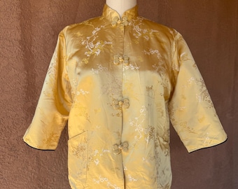 Vintage 1960s Gold Brocade Silk Jacket: Mandarin Collar, Frog Closure, Japanese Export