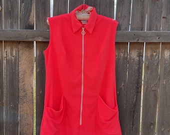 Vintage Terry Cloth Swim Cover Dress | Neon Coral Zip Front Beach Dress With Pockets