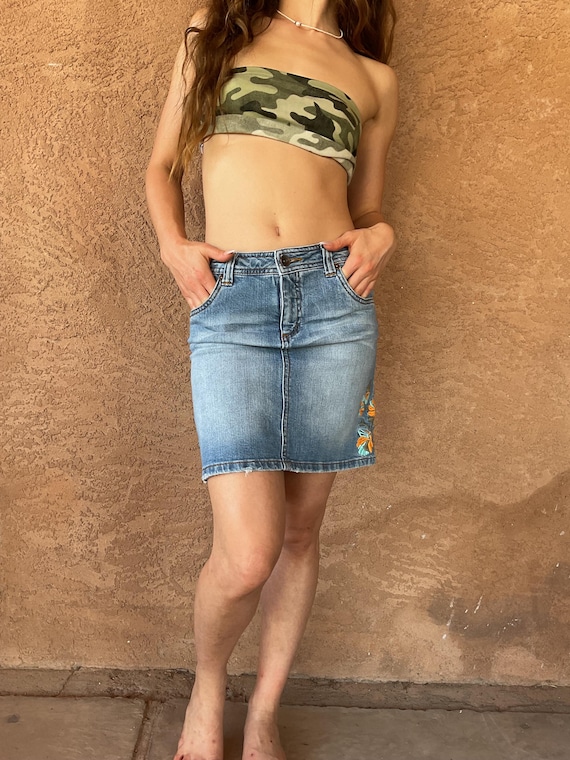 Vintage Tom Tailor Denim Mini Skirt with Orange Floral Embroidery