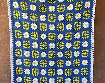 Daisy Granny Square Crochet Throw Blanket Blue Yellow White Handmade Afghan