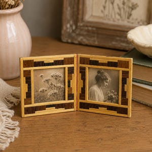 Vintage Woven Bamboo Double Photo Frame | Hinged Folding, Boho Folk Art (1960s)