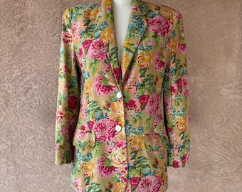 Vintage Floral Blazer Cottagecore Jacket 90s Cotton Garden Print Blazer Ralph Lauren Style Pink Green Tan Tailored Jacket Women Small GAP