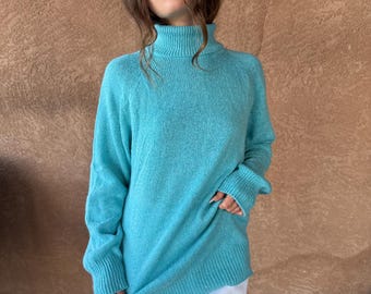 Vintage Nicole Curie Seide Angora Rollkragenpullover Aqua Small 90s