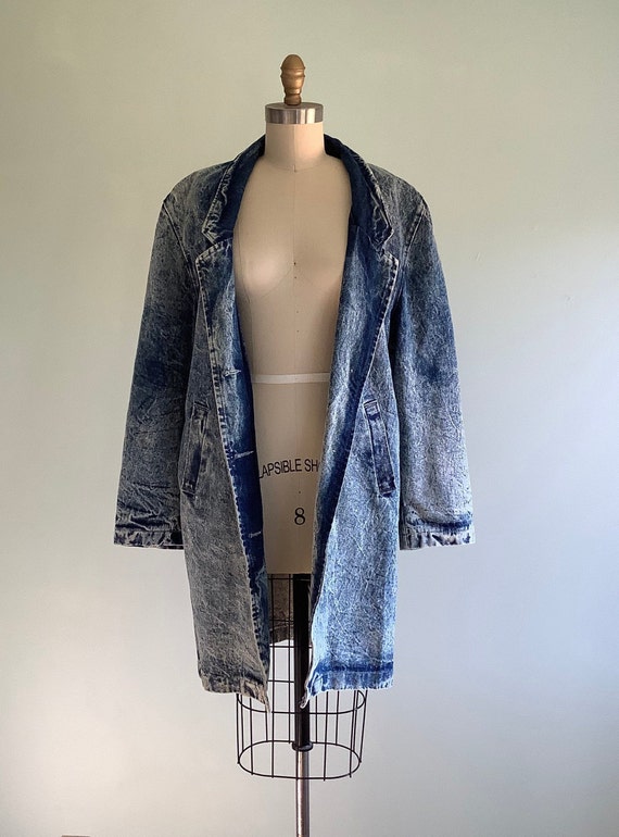 80s Acid Wash Denim Cocoon Long Coat - image 2