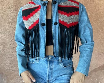 Vintage Denim Fringe Jacket with Southwestern Tapestry | Western Boho Festival Coat | M