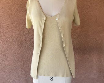 Vintage Dana Buchman Sweater Set | Scalloped Knit Cardigan, Shell Tank | Y2K Neutral Cotton Rayon