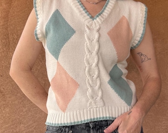 Colete de malha vintage com estampa argyle em tons pastel | 100% algodão, tricô com tranças, Avon Fashions