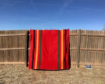 Vintage Red Wool Camp Blanket with Green & Gold Stripes | Rustic Lodge Cabin Decor | Americana Western Throw